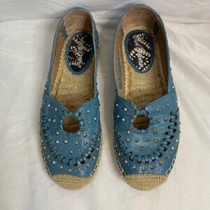 Sam Edelman Liam Espadrille Flats Studded Blue Leather Woven Jute shoes, 8.5